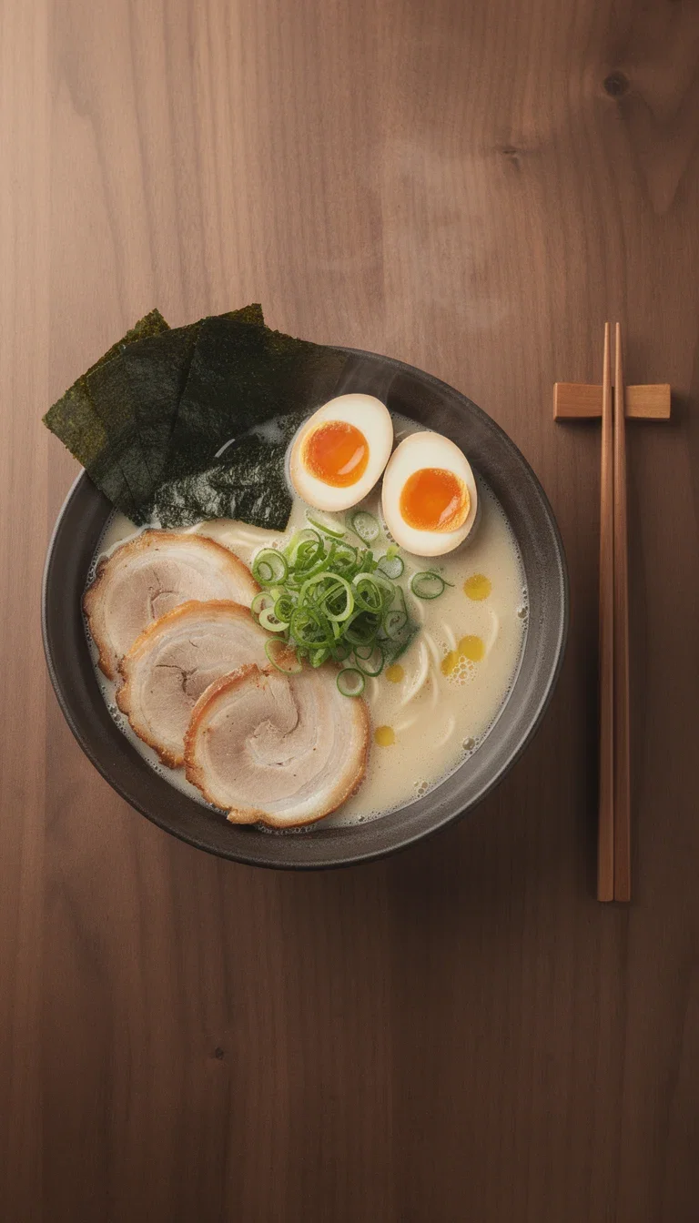 AI-generated overhead food photo of a steaming ramen bowl styled for a delivery menu, made on FluxoKit
