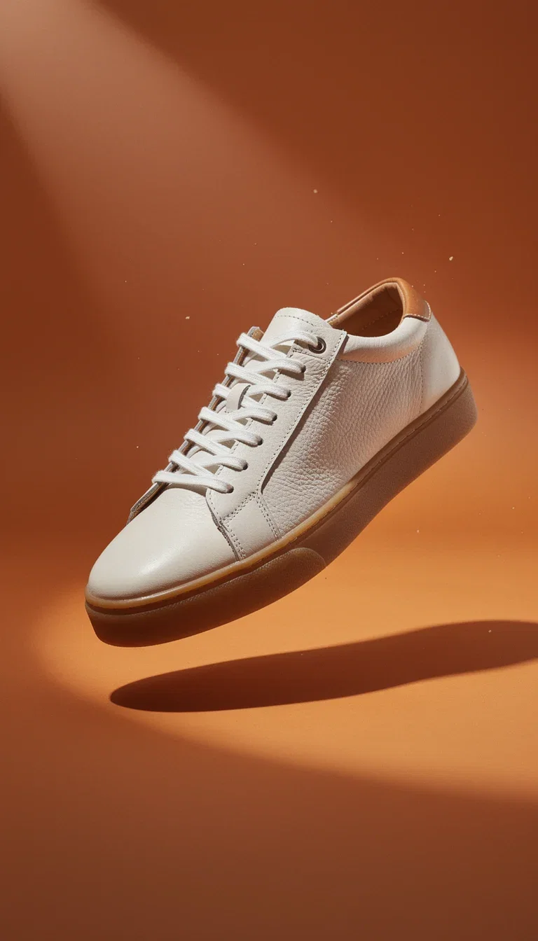 AI-generated vertical ecommerce ad of an unbranded leather sneaker floating over a burnt-orange studio backdrop, made on FluxoKit
