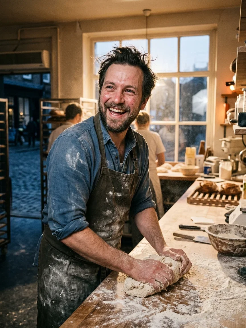 Baker laughing while kneading dough in warm dawn light, a face-swap-ready world on FluxoKit