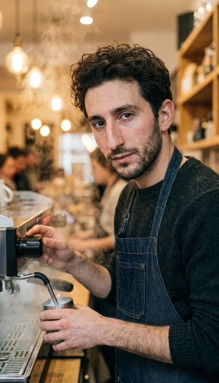 The swapped identity working as a barista, full frame from the consistency test on FluxoKit
