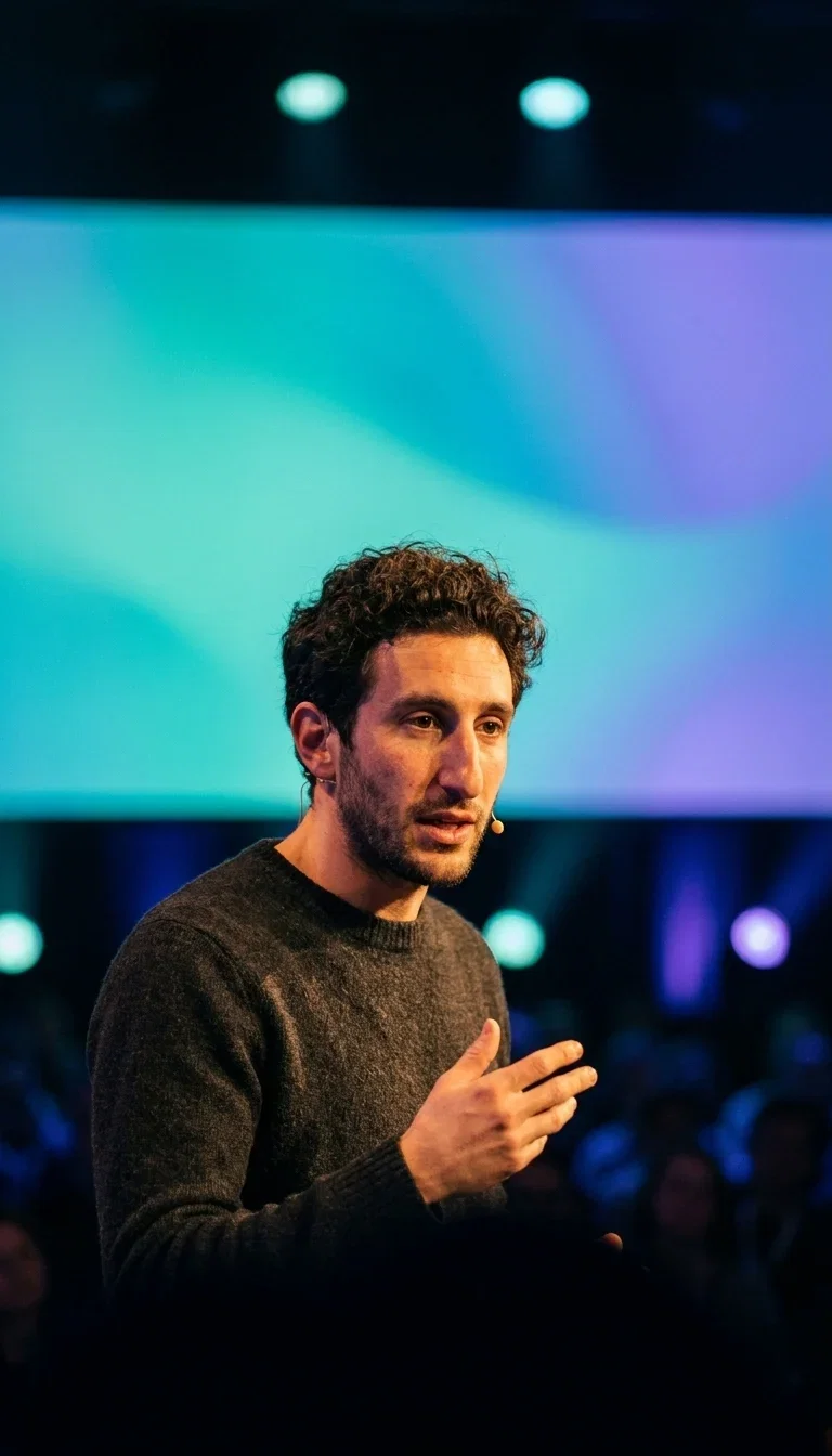The swapped identity speaking on a conference stage, full frame from the consistency test on FluxoKit
