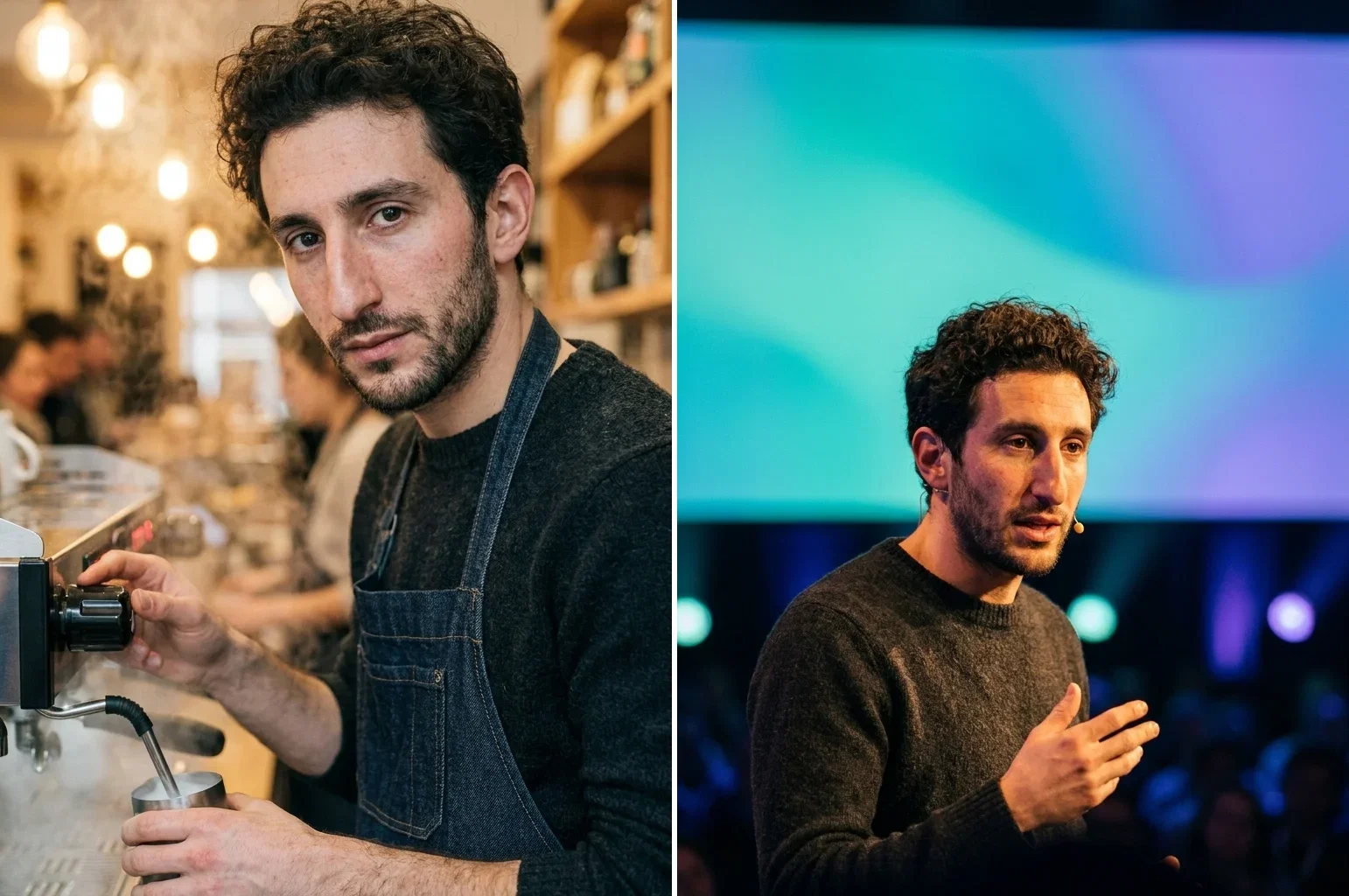 Two-panel image of the same swapped identity as a barista and on a conference stage, generated on FluxoKit