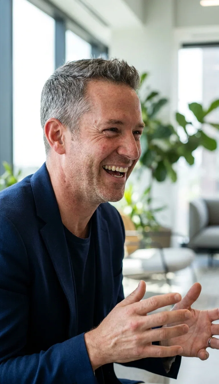 Original photo of a man laughing in a bright office before an AI face swap on FluxoKit