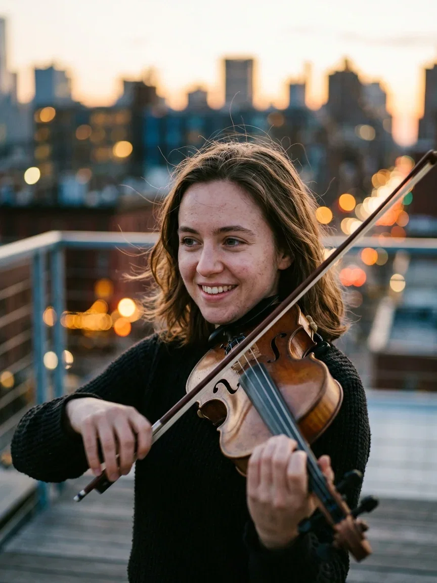 Violinist playing on a rooftop at dusk with city bokeh, a face-swap-ready world on FluxoKit