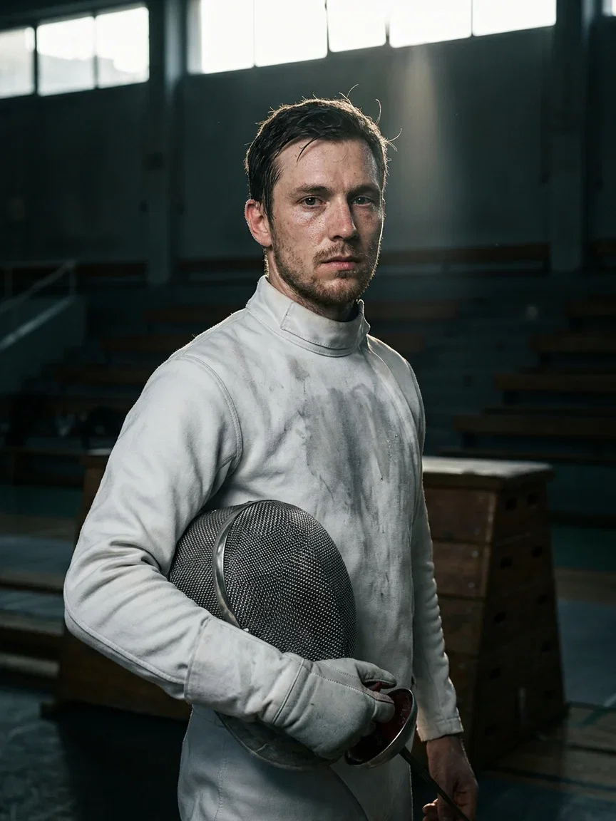 Dramatic editorial portrait of a fencer holding their mask, a face-swap-ready world on FluxoKit
