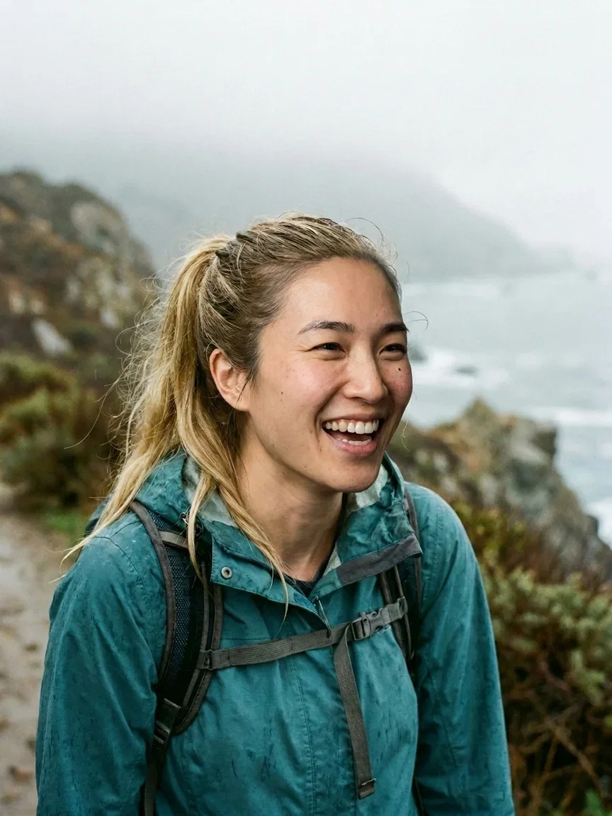 Full-frame face swap result on the foggy trail with skin tone and light blended to the scene, made on FluxoKit