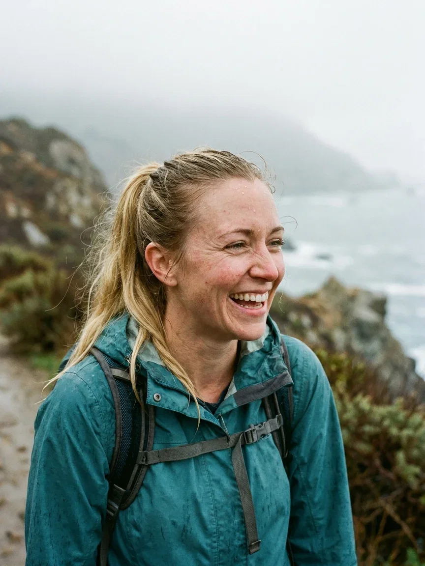 Original photo of a woman laughing on a foggy coastal trail before the face swap on FluxoKit