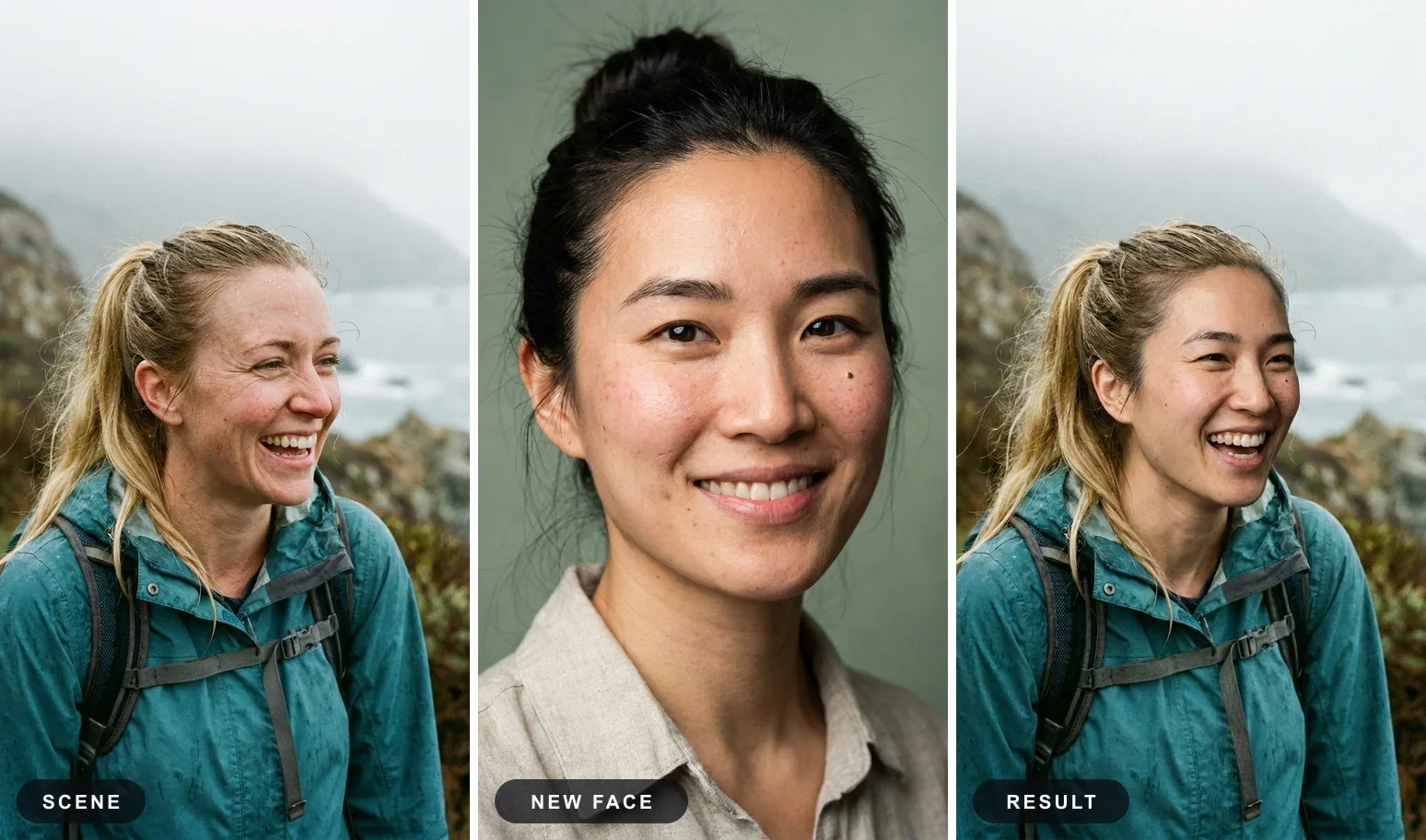 Three-panel strip showing an original trail photo, a reference portrait, and the finished face swap, made on FluxoKit