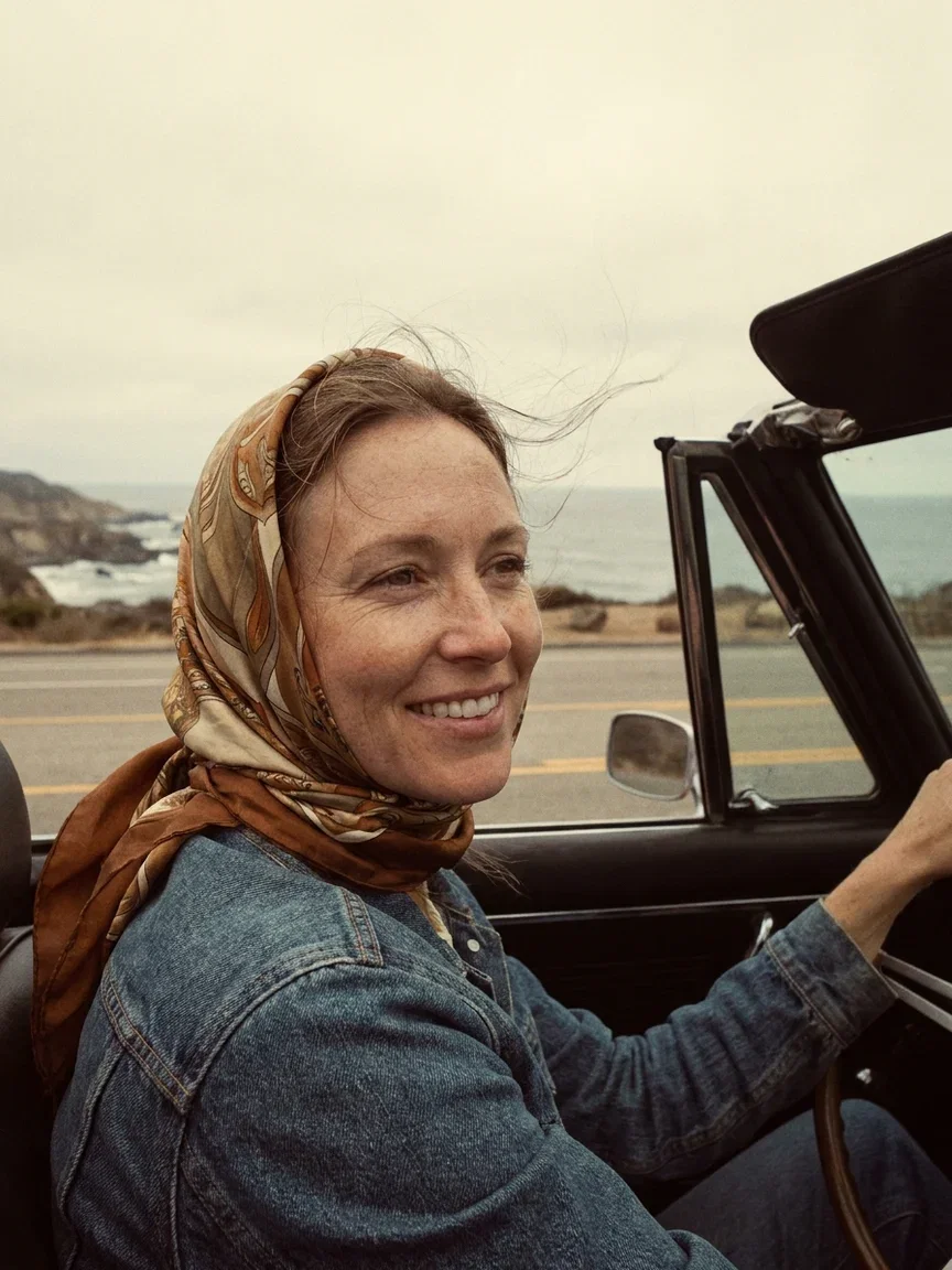 Vintage 1970s style photo of a woman in a headscarf driving a convertible, a face-swap-ready world on FluxoKit