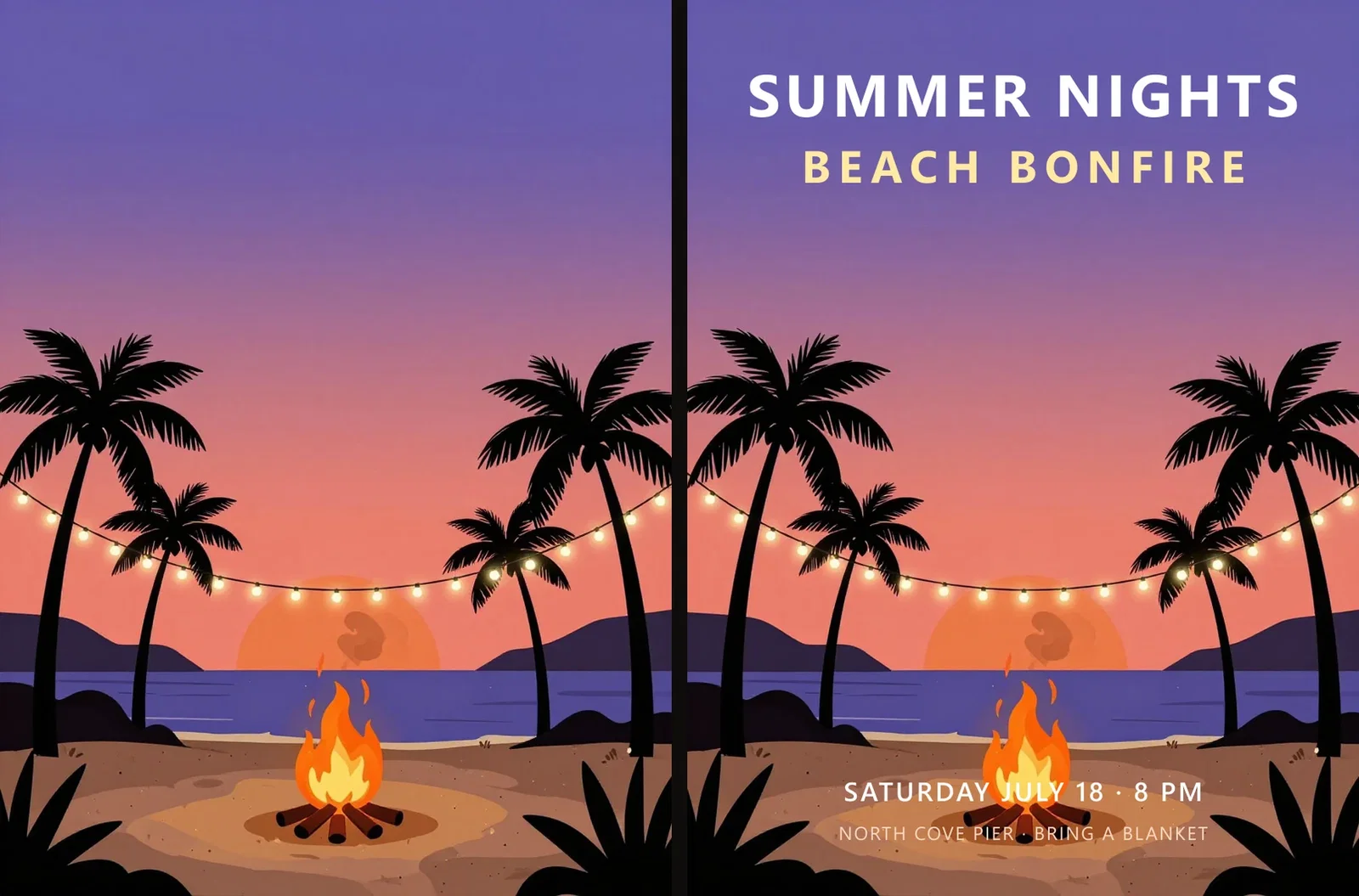 Side by side: generated beach artwork with empty sky, and the finished flyer with the headline set in that space, on FluxoKit