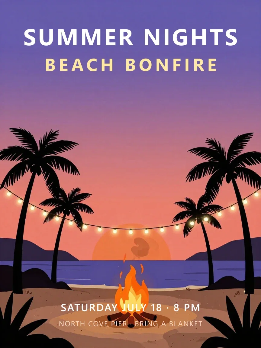 Finished beach bonfire flyer with generated dusk artwork and clean headline type, made on FluxoKit