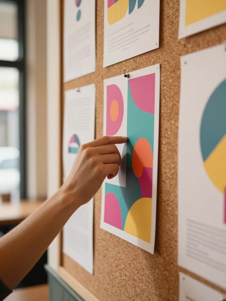 Hand pinning a colorful abstract flyer onto a crowded cafe corkboard, generated on FluxoKit