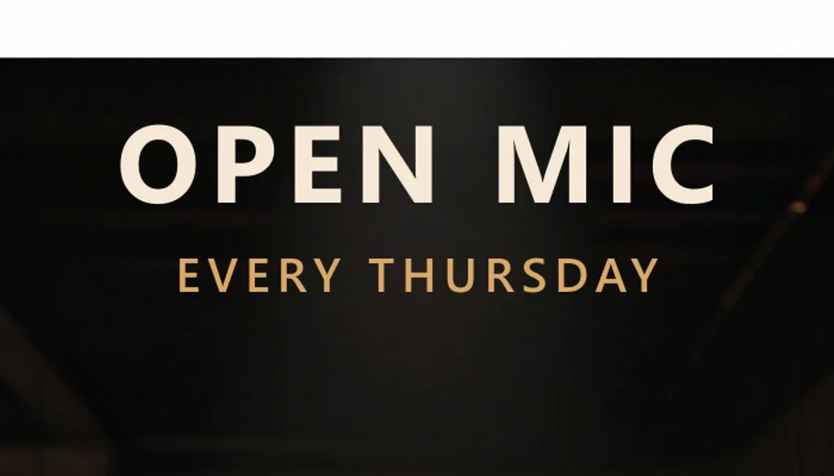 Close crop of the open mic flyer's headline over the dark stage artwork, on FluxoKit