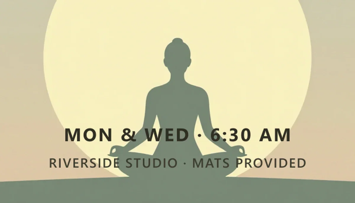 Close crop of the yoga flyer's schedule text over the pale sun artwork, on FluxoKit