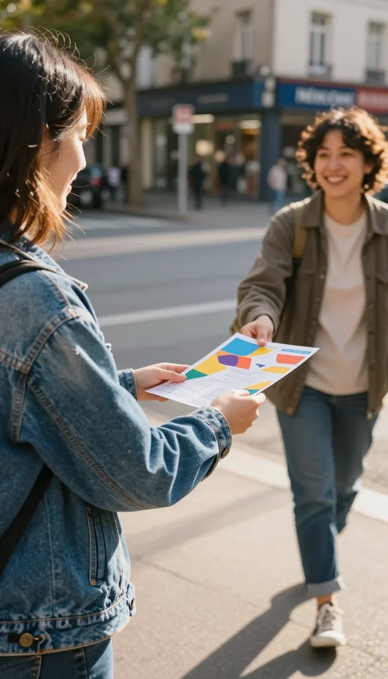 Woman in a denim jacket handing a bright flyer to a smiling passerby on a sunny street, generated on FluxoKit