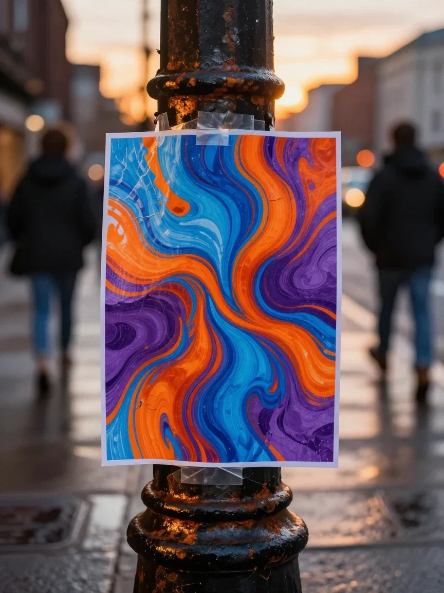 Colorful abstract flyer taped to a lamppost on an evening city street, generated on FluxoKit