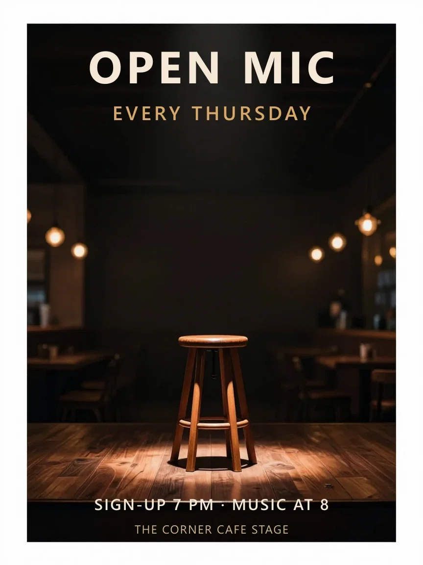 Finished open mic flyer with a spotlit stage artwork and clean type, made on FluxoKit
