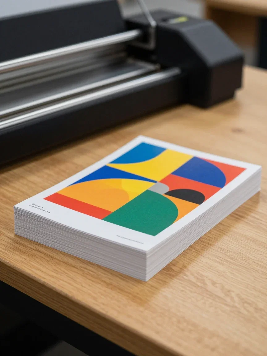 Stack of vibrant abstract-art flyers on a print shop counter, generated on FluxoKit