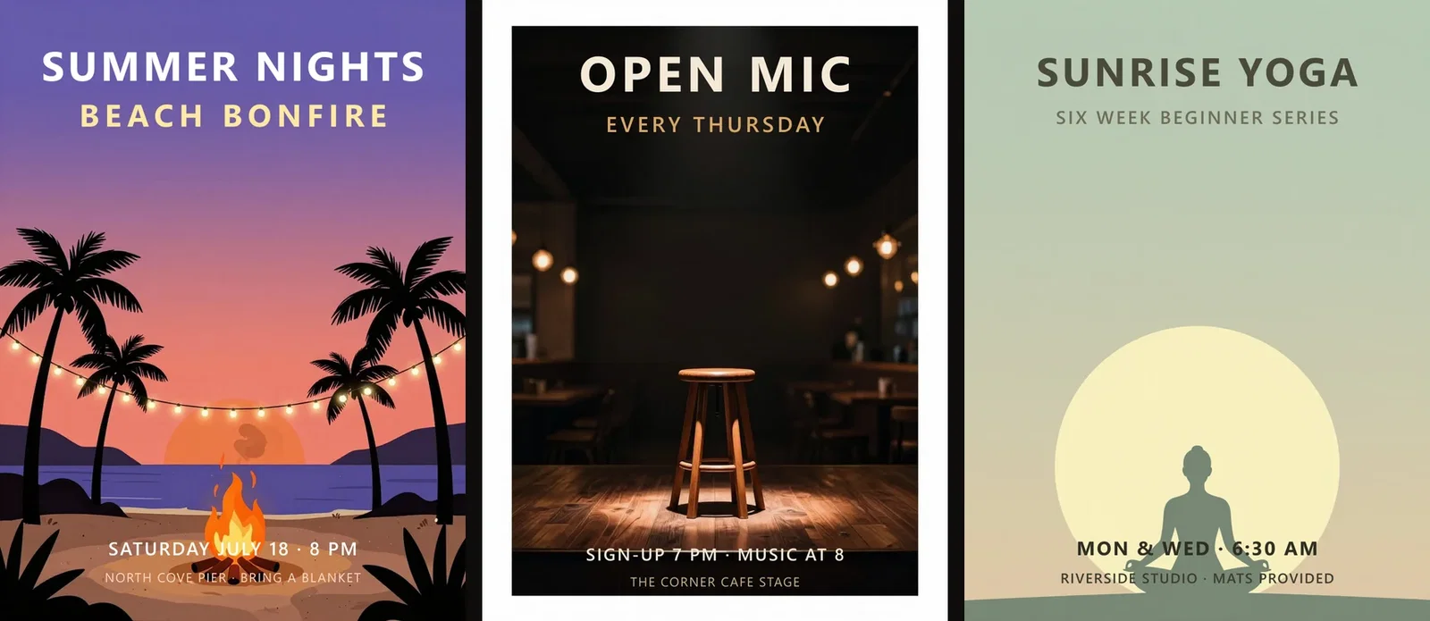 Three finished flyers side by side — beach bonfire, open mic night, and sunrise yoga — each from generated art plus clean type on FluxoKit