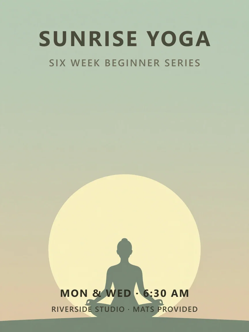 Finished sunrise yoga flyer with a minimal lotus-pose artwork and clean type, made on FluxoKit
