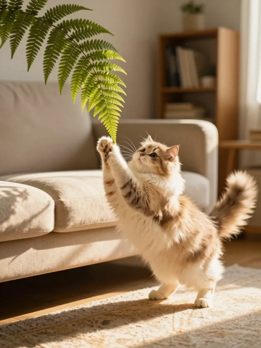 Cat mid-swipe at a dangling fern leaf in golden light, generated on FluxoKit