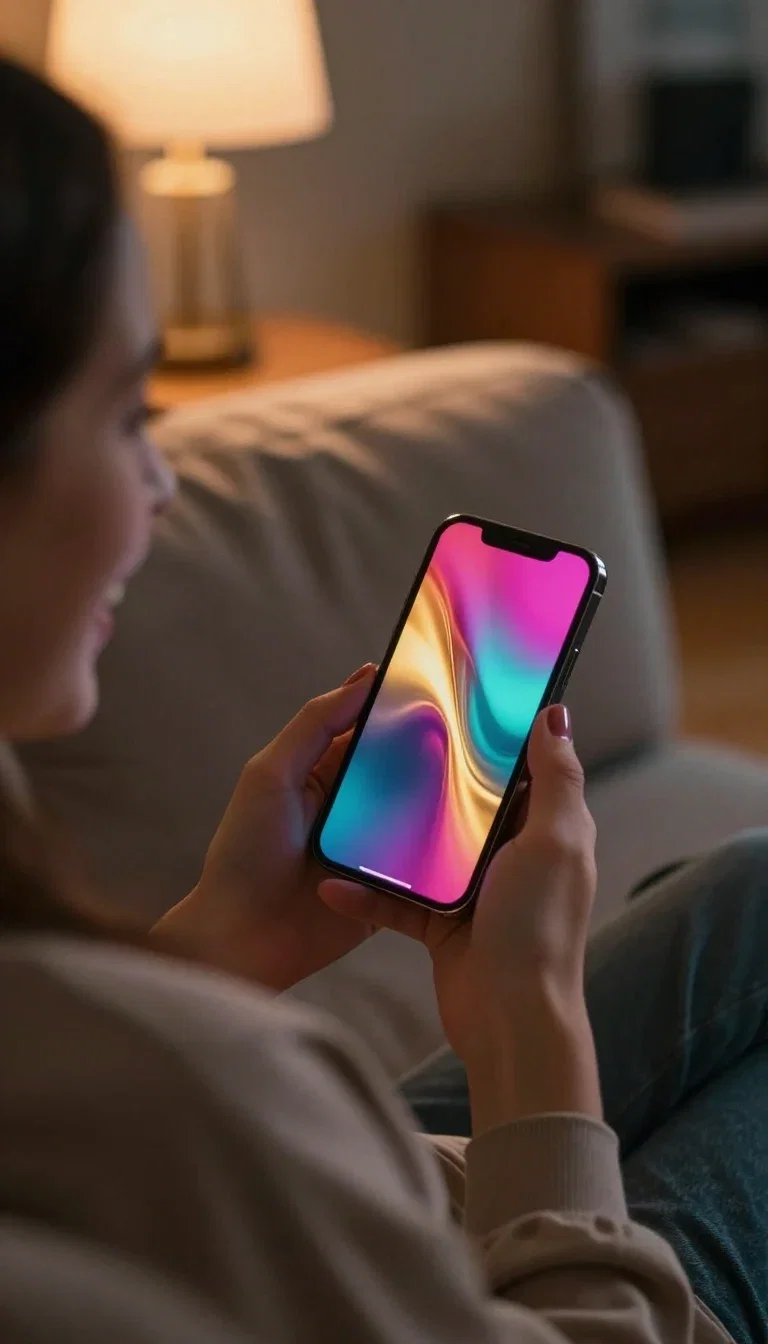 Person laughing at a colorful animation on their phone on a couch, generated on FluxoKit
