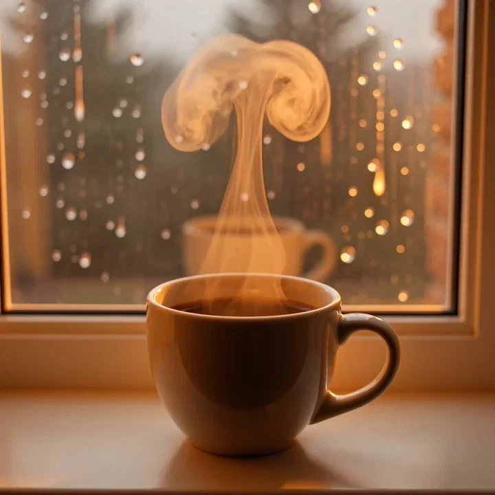 Generated cinemagraph-style clip of steam rising from a coffee cup on a rainy windowsill, made on FluxoKit