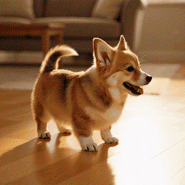 The actual looping GIF of the corgi chasing its tail, generated and exported on FluxoKit