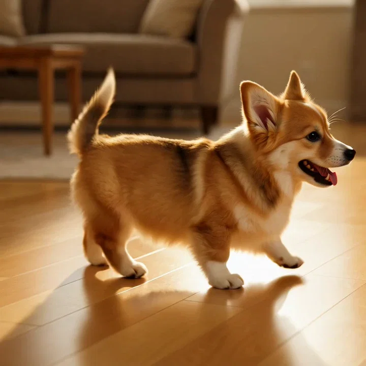 Generated clip of a corgi puppy chasing its tail on a sunlit wooden floor, made on FluxoKit