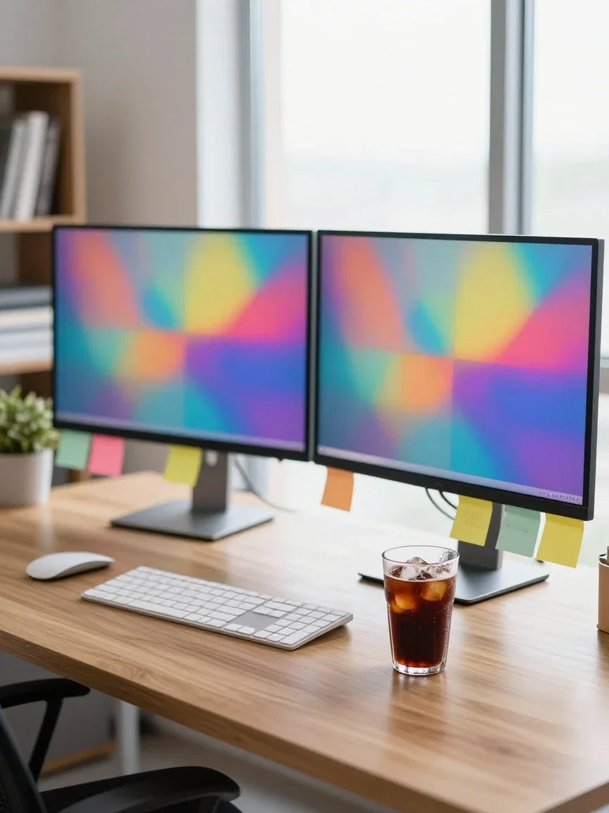Social media manager's desk with colorful media grids on two monitors, generated on FluxoKit