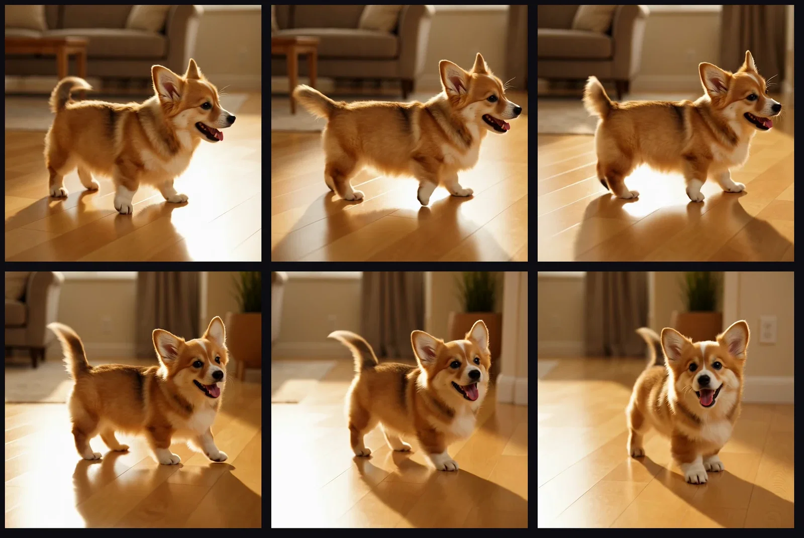 Six sequential frames from the corgi clip showing the tail-chase motion frame by frame, on FluxoKit