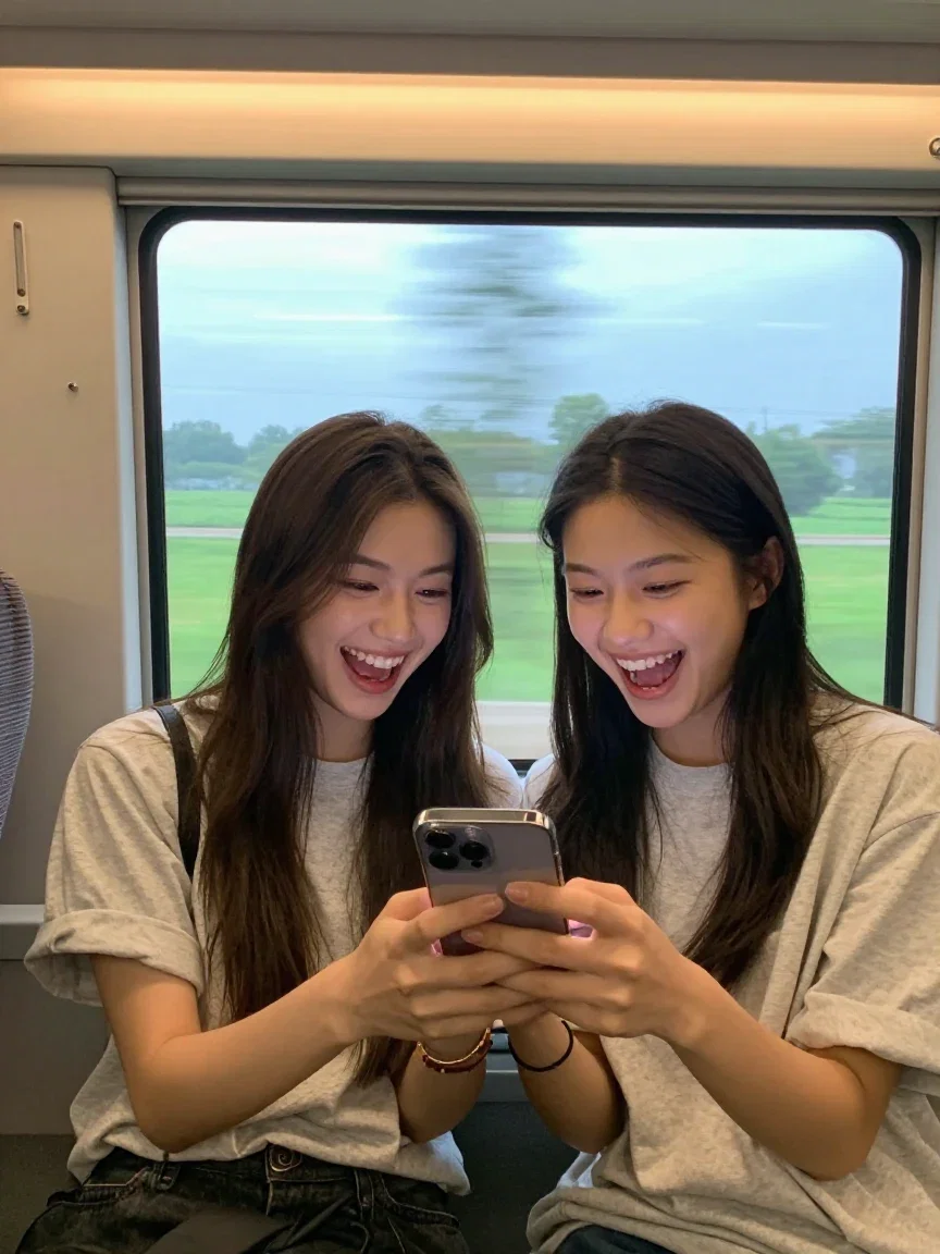 Two friends on a train laughing at one phone held between them, generated on FluxoKit