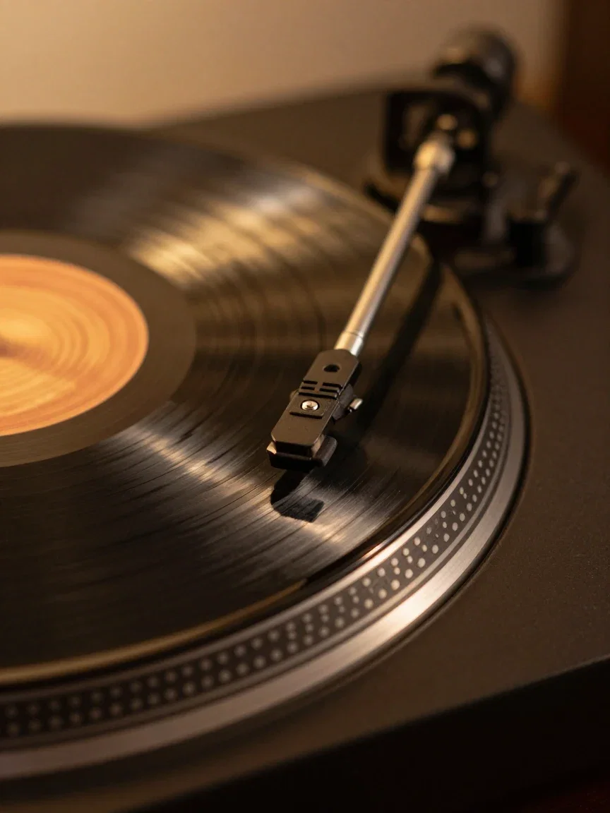 Vinyl record spinning on a turntable with warm light streaks, generated on FluxoKit