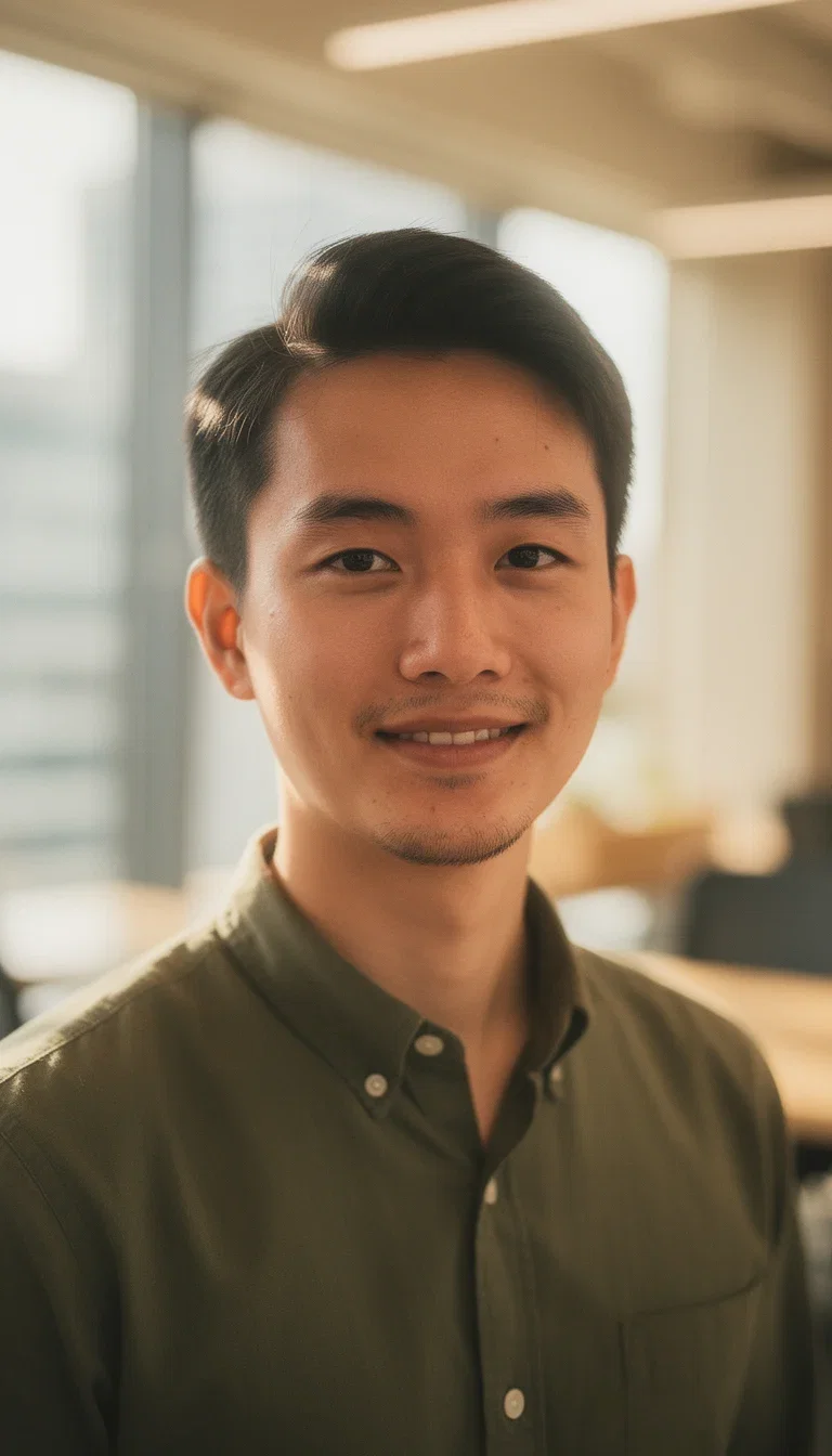 Headshot of a young startup founder in an olive shirt with warm office bokeh and natural daylight, generated on FluxoKit