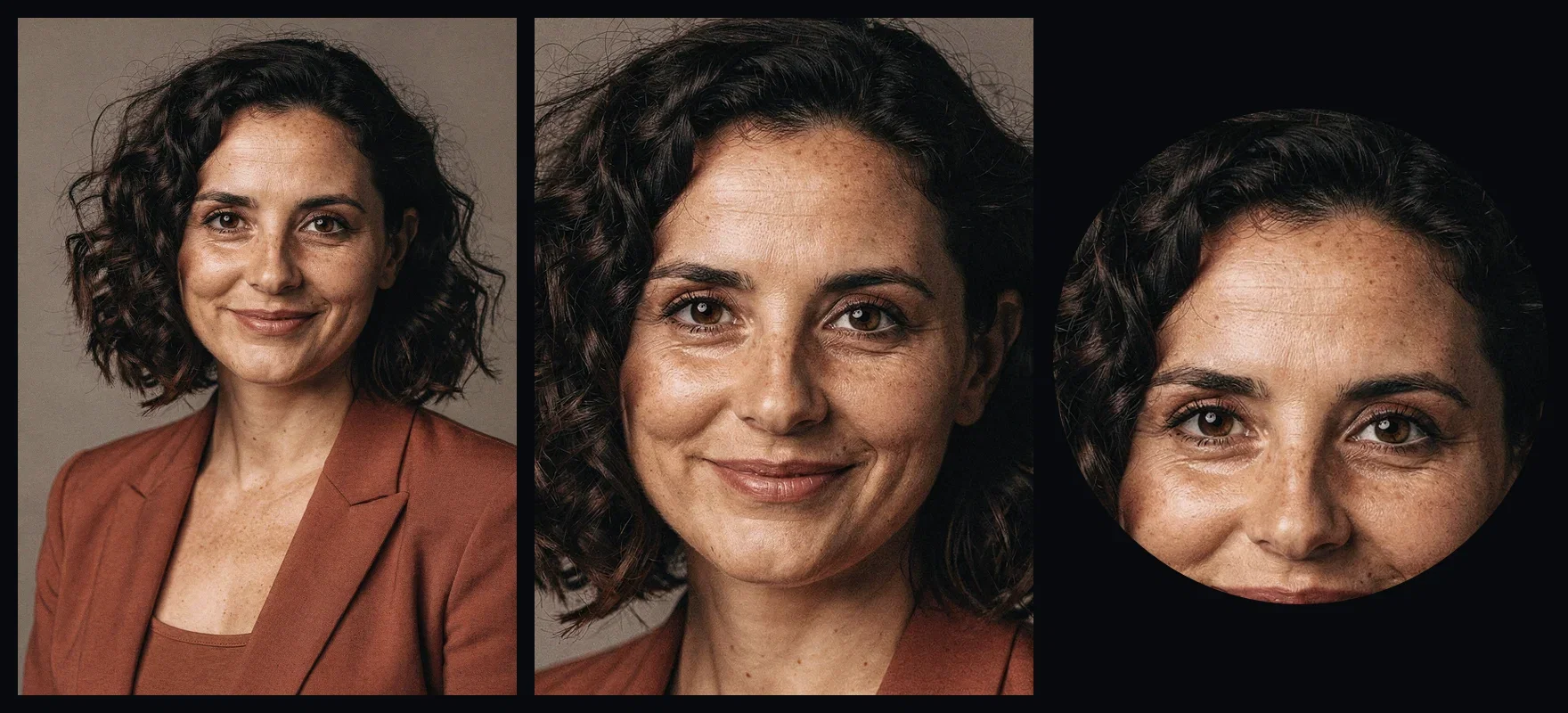 One AI-generated headshot of the same woman cropped three ways: full frame, speaker card, and circular avatar, made on FluxoKit