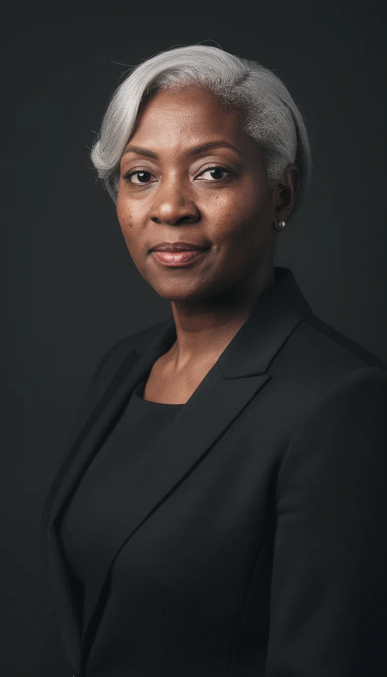 Executive headshot of a silver-haired woman in a black suit with classic Rembrandt lighting, generated on FluxoKit