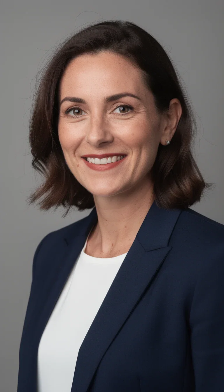 Professional corporate headshot of a woman in a navy blazer with natural skin texture on a gray studio backdrop, generated on FluxoKit
