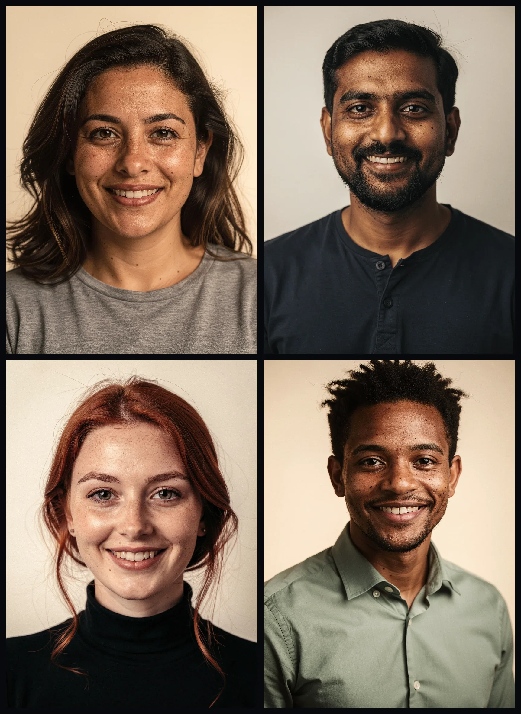 Grid of four AI-generated team headshots of different people sharing the same backdrop, lighting, and color grade, made on FluxoKit