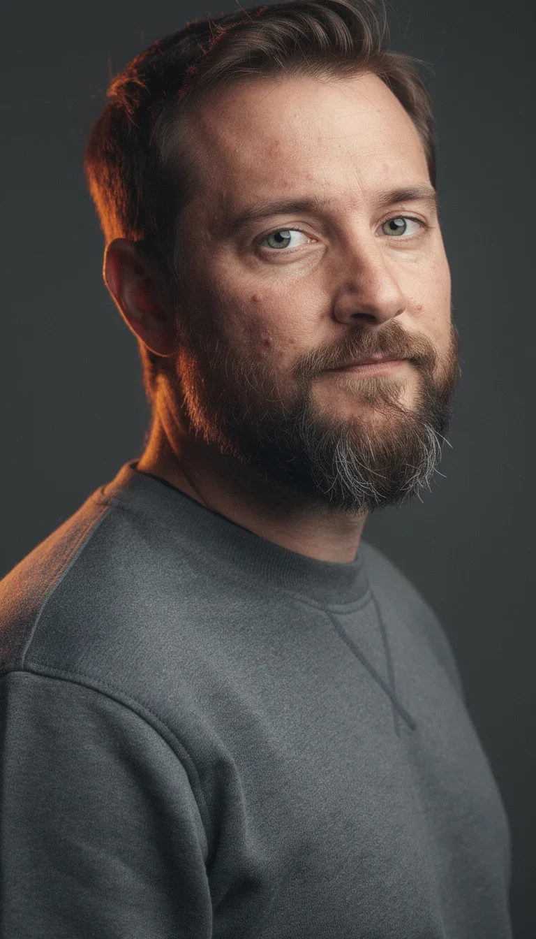 Editorial headshot of a bearded man in a charcoal crewneck with warm rim light and realistic skin detail on a slate backdrop, generated on FluxoKit