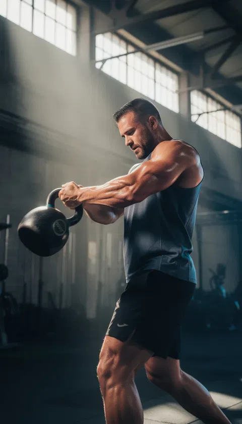 Athlete swinging a kettlebell in dramatic warehouse light, action scene, generated on FluxoKit