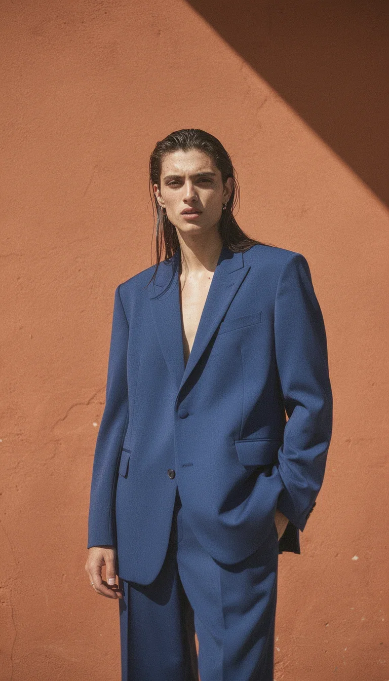 Fashion editorial of a model in an oversized blue suit against a sunlit terracotta wall, generated on FluxoKit