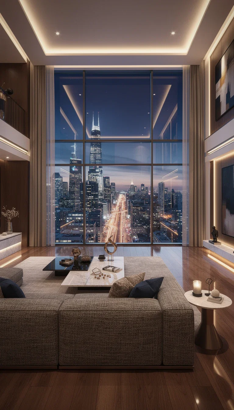 Luxury penthouse interior with skyline view, architectural visualization, generated on FluxoKit