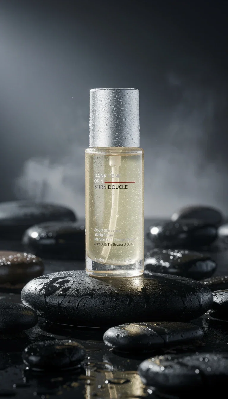 Skincare serum bottle on dark wet stones in moody studio light, generated on FluxoKit