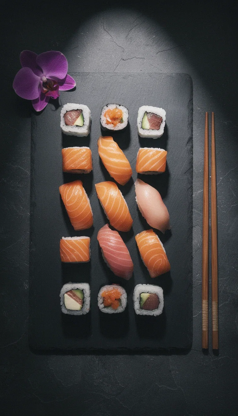 Moody overhead sushi set on dark slate with chopsticks and an orchid, food editorial generated on FluxoKit