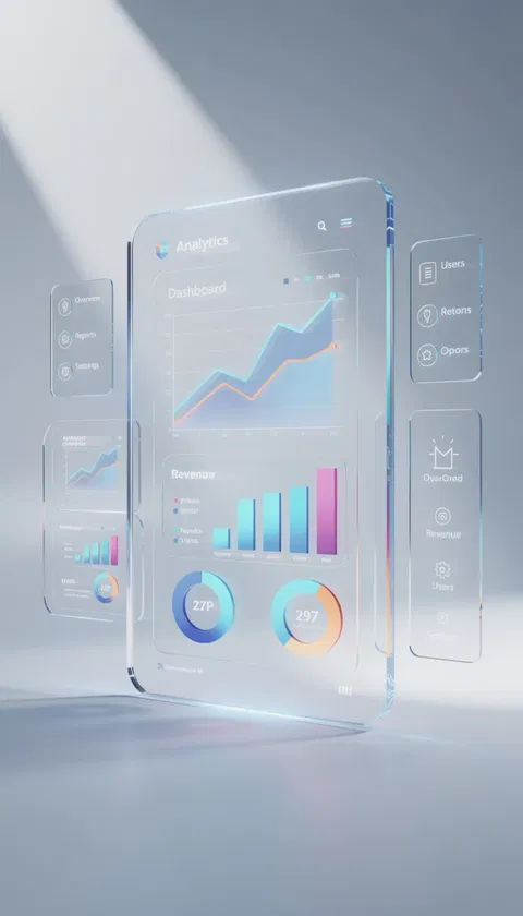 Glass-panel SaaS dashboard interface render on a bright backdrop, generated on FluxoKit