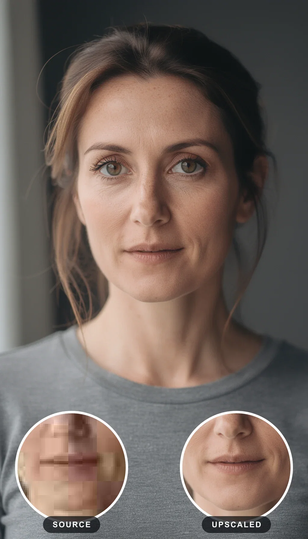Portrait with two magnified loupe insets comparing the pixelated source and the AI-upscaled result on FluxoKit
