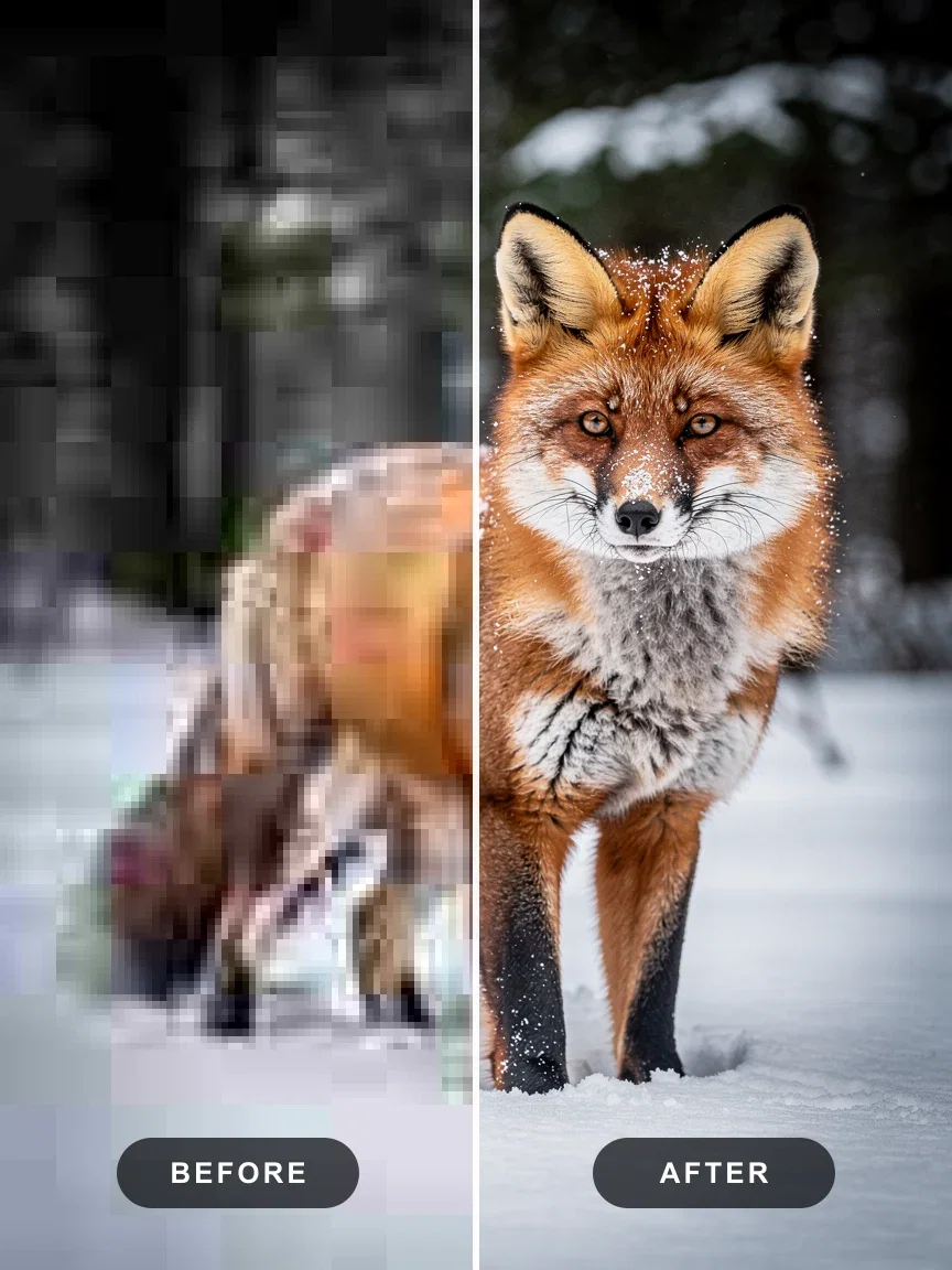 Split view of a red fox in snow, blurry source on the left and individual fur detail recovered on the right after AI upscaling on FluxoKit