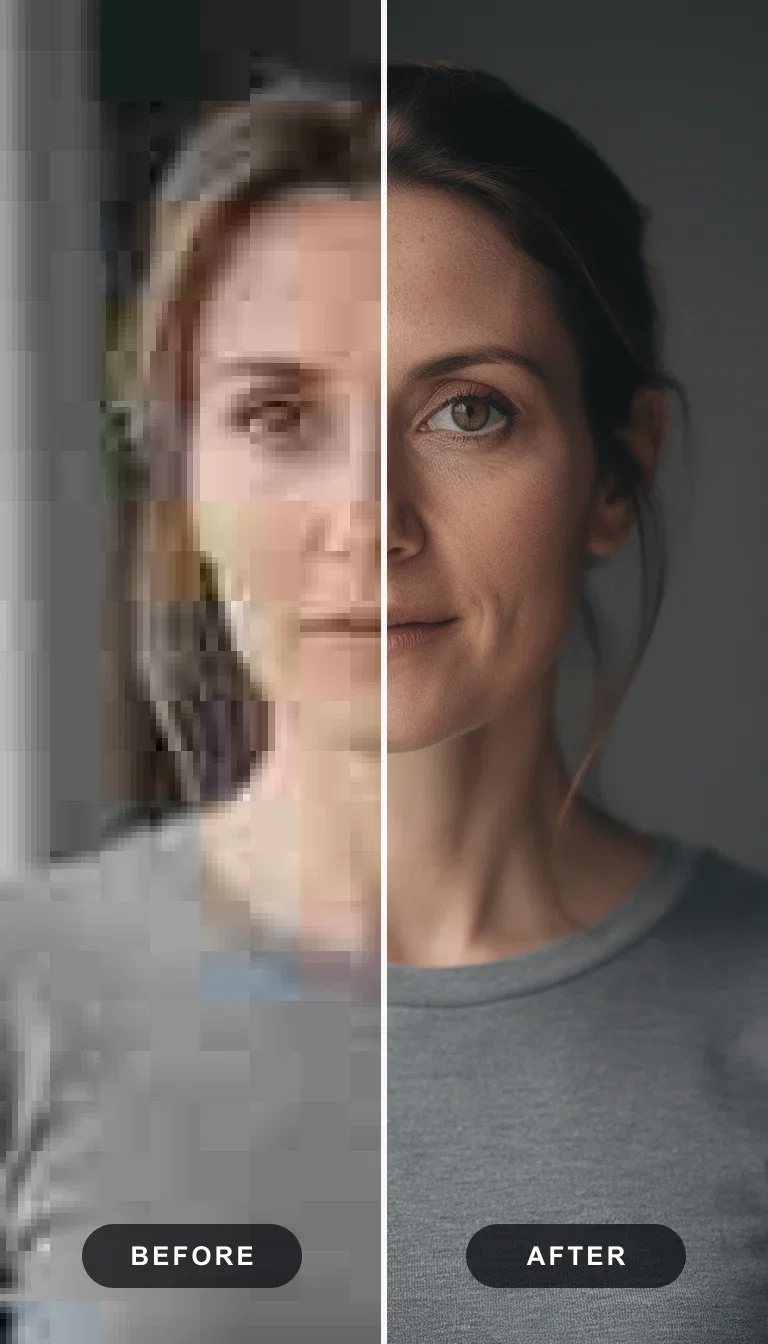 Split view of a woman's portrait, pixelated low-resolution on the left and crisp AI-upscaled detail on the right, made on FluxoKit