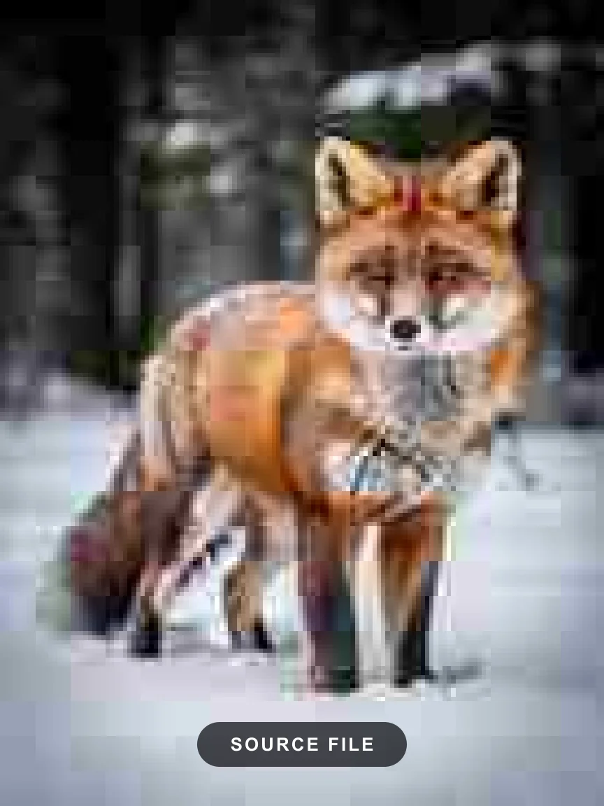 Pixelated low-resolution wildlife photo standing in for the small source files an AI upscaler recovers on FluxoKit