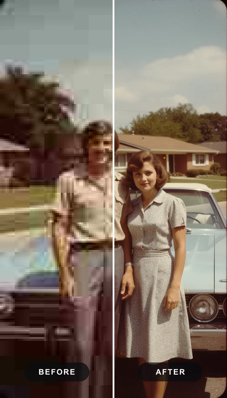 Split view of a 1970s family photo, degraded scan on the left and recovered sharp detail on the right after AI upscaling on FluxoKit